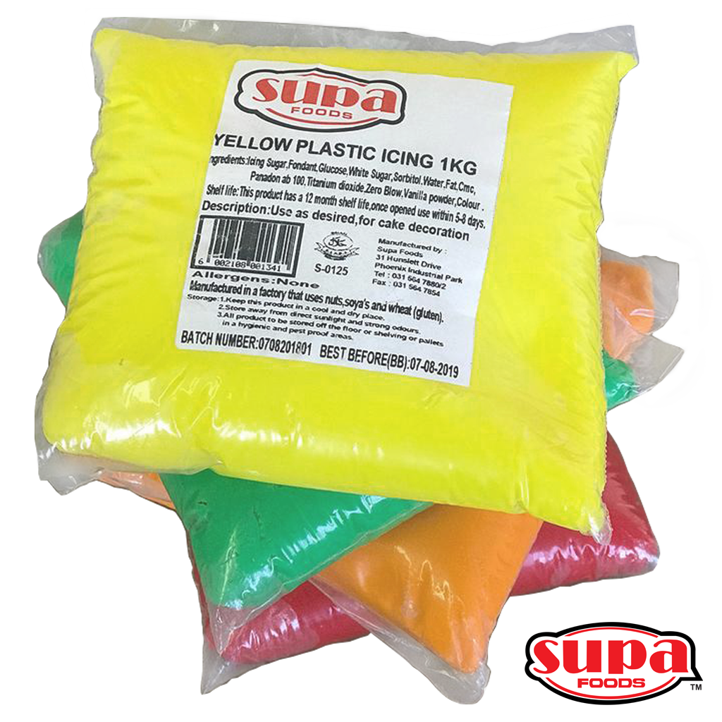 Packets of neon yellow, green, orange and pink fondant / plastic icing.