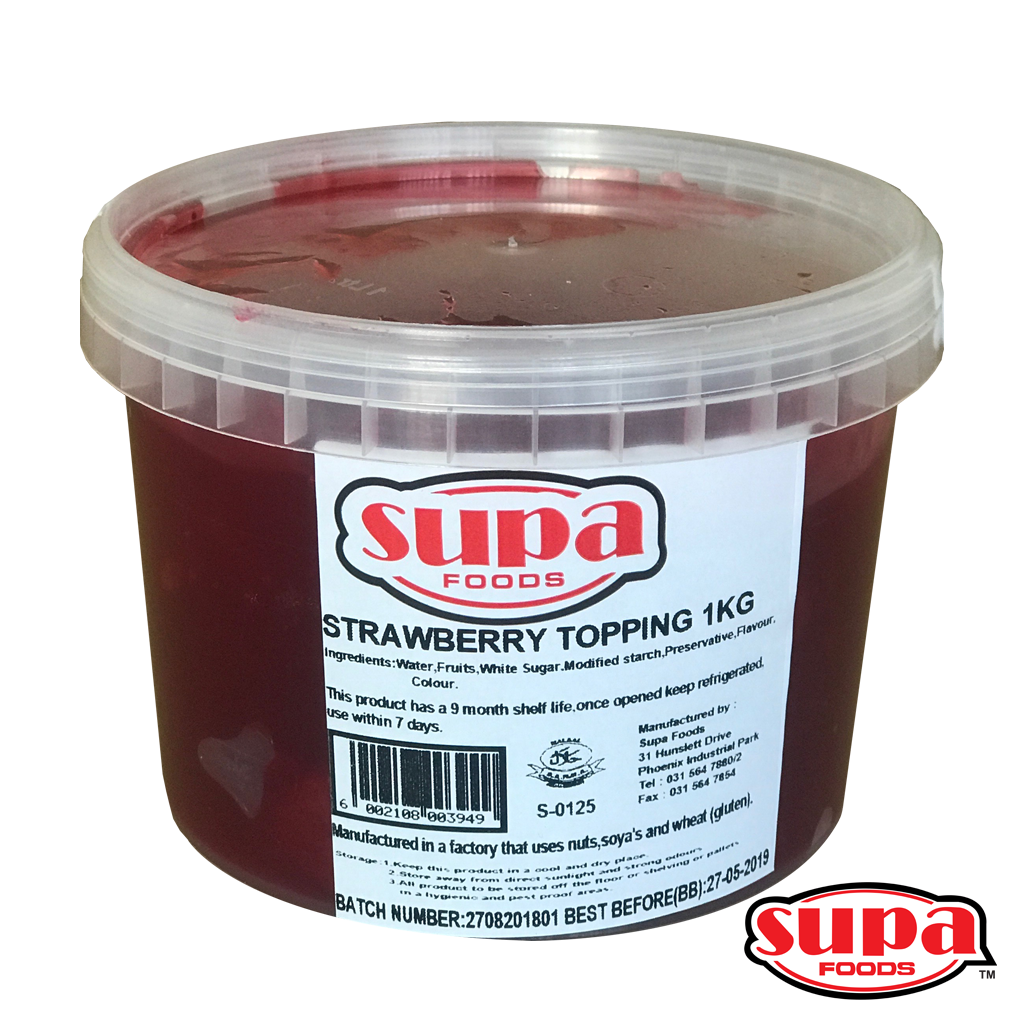 A 1kg tub of strawberry topping (real fruit)